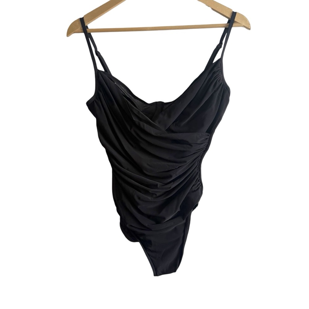 Miraclesuit Size 12 Black Faux Wrap One Piece Swimsuit Minimalist Beach Slimming
